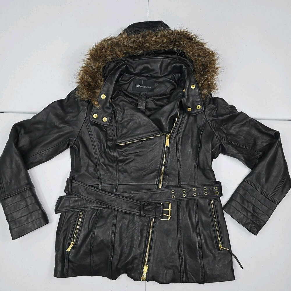 Moda International Women XLSoft Lamb Real Leather Jacket Black Parka/Coat Fur
